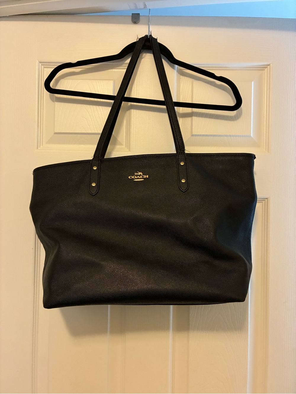 Coach Large City Zip Tote Black Crossgain Leather with Gold Logo Accents
